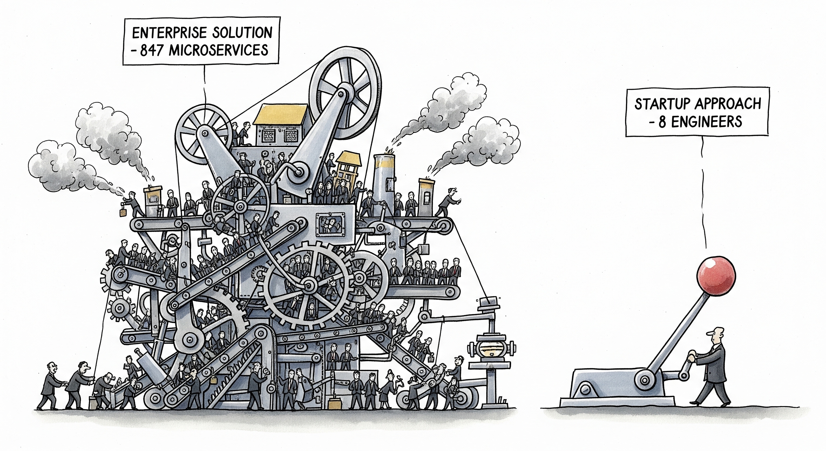 Enterprise Solution: 847 microservices vs Startup Approach: 8 engineers